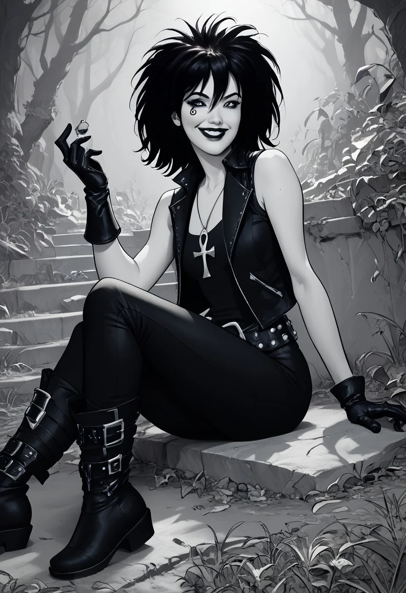 score_9, score_8_up,source_photo,hyper-realistic,perfect lighting,realistic lighting,high quality,dsk_death, 1girl, solo, jewelry, gloves, , boots, sitting, makeup, short hair, smile, lipstick, black hair, gothic, jewelry, necklace, ankh necklace, nail polish, leather jacket, black shirt, vest, short sleeves, tattoo, gloves, pants, lipstick, belt, spiked hair, black boots, comic art style, death_of_the_endless\(sandman\), greyscale, monochrome, cinematic angle, cinematic lighting, BREAK zPDXL2 PonyXLV6_Scores