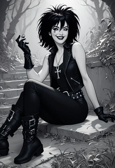 score_9, score_8_up,source_photo,hyper-realistic,perfect lighting,realistic lighting,high quality,dsk_death, 1girl, solo, jewelry, gloves, , boots, sitting, makeup, short hair, smile, lipstick, black hair, gothic, jewelry, necklace, ankh necklace, nail polish, leather jacket, black shirt, vest, short sleeves, tattoo, gloves, pants, lipstick, belt, spiked hair, black boots, comic art style, death_of_the_endless\(sandman\), greyscale, monochrome, cinematic angle, cinematic lighting, BREAK zPDXL2 PonyXLV6_Scores