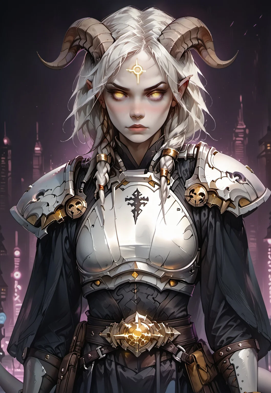 <lora:OZRN:0.9>, score_9, score_8_up, score_7_up, OZRN, digital art, 1girl, solo, small tits, culDraenei, yellow eyes, no sclera, no pupils, athletic, tall, slim, pale skin, grey skin, long tail, long ears, long hair, armor, breastplate, bracers, pauldrons, skirt, belt, navel, nose-ring, standing, [nose blush:0.8], pale skin, looking at viewer, dark background, (neon lights), (soft glow),<lora:ff:0.2>, gothic anime style,<lora:GothicAnimev1:0.4>