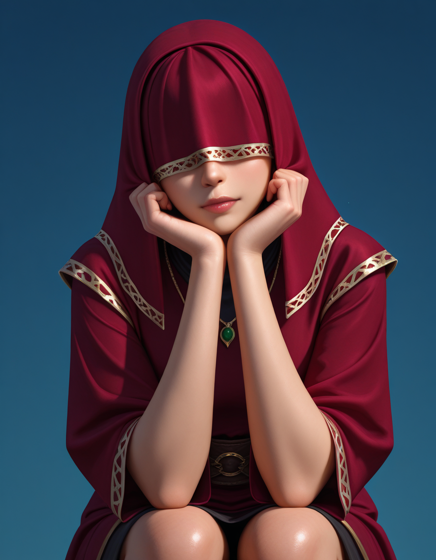Masterpiece, high-res, 2k, best quality, 2.5d, realistic, 1 girl, visas marr , covered eyes <lora:Visas_marr_illus-000040:1> Elbows on knees with head resting on her hands