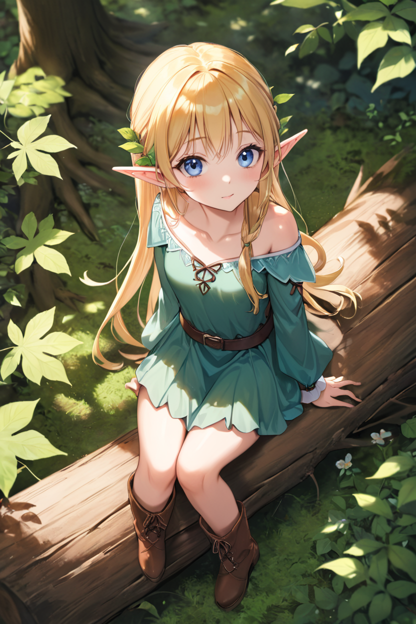 1girl, solo, elf girl, elf ears, pixie, sitting on log, forest, blue eyes,from above,looking up,ground,blonde hair,(dappled sunlight)+,blurry,depth of field, boots,leaf, <lora:detail:0.6>