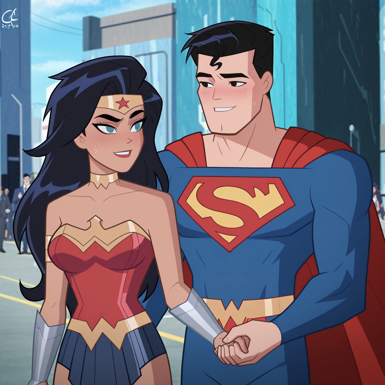 jla_style, superman, suit, black eyes, strong, blue suit, BREAK, wonder woman, black hair, blush, smile, looking at each other, holding hands, bust shot