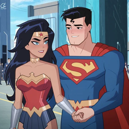 jla_style, superman, suit, black eyes, strong, blue suit, BREAK, wonder woman, black hair, blush, smile, looking at each other, holding hands, bust shot