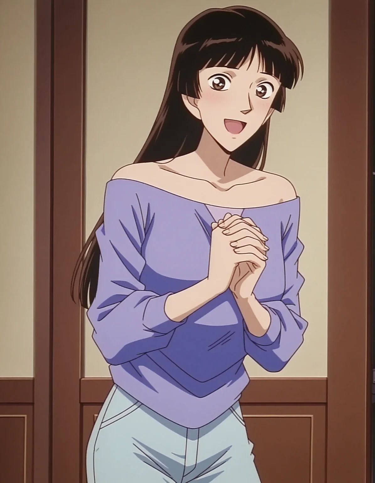 1girl,solo,masterpiece,best quality,anime screenshot,<lora:nagato_yasue_conan_v1_IL:0.9>,nagato yasue,(meitantei conan:0.1),flat color,
brown hair,black hair, long hair,bare shoulders,purple shirt,hime cut,mature female,blunt bangs,long sleeves,thighs,white pants,
cowboy shot,(smile:1.2),looking at viewer,own hands clasped,open mouth,(blush:0.6),happy,open mouth,indoors,(wide-eyed:0.7), <lora:dmd2_sdxl_4step:1>,