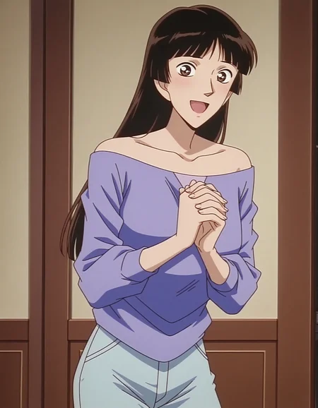 1girl,solo,masterpiece,best quality,anime screenshot,<lora:nagato_yasue_conan_v1_IL:0.9>,nagato yasue,(meitantei conan:0.1),flat color,
brown hair,black hair, long hair,bare shoulders,purple shirt,hime cut,mature female,blunt bangs,long sleeves,thighs,white pants,
cowboy shot,(smile:1.2),looking at viewer,own hands clasped,open mouth,(blush:0.6),happy,open mouth,indoors,(wide-eyed:0.7), <lora:dmd2_sdxl_4step:1>,