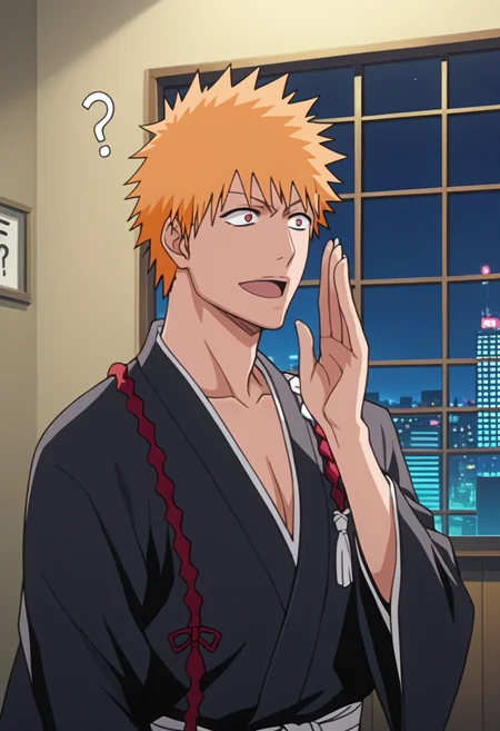 score_9, score_8_up, score_7_up, source_anime, masterpiece, 1boy, ichigo kurosaki, japanese clothes, , <lora:ichigo_kurosaki_ponyxl:1>, , open mouth,  !?, confused , perplexed , confused,  ..., . . ., weary smile,, arousing sensual apartment indoors, living room, window, cityscape, night, neon lights, dark room,, solo, standing,  salute, upper body,