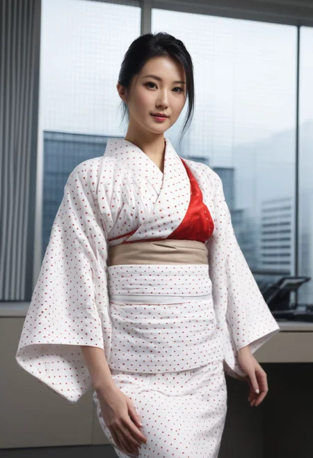 FOTOREALISTIC, night, long_straight black hair, beautiful japaneese_lady, tall, big_tits, white_japaneese_kimono_with_big_round_red_dots, office, background window_tokio,  score_9, score_8_up, score_7_up, score_6_up, score_5_up, score_4_up, UHD, 8K, masterpiece, ultra-realistic, Ultra detailed photorealistic background, photoreal, realistic high detailed beautiful face, anatomic correct bodies, ultra_high_resolution, Extremely Realistic, lots of detail, emty_hands, hands_hidden, sexy_red_boots.