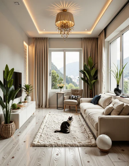 A photo of a cozy and stylish living room in a 30 sq.m studio apartment, designed in modern minimalism with personality and warmth. Light grey porcelain tile flooring with white wood texture, white soft rug in the center. A comfortable light-grey sofa against the far wall (opposite the window), floating TV console on the left wall under a flat-screen TV. the wall behind the TV has a stylish design solution, highlighting the TV area in a special way. beautiful lighting and chandelier.
One large window on the right side lets in natural soft daylight. The walls are painted light beige with a textured plaster finish. Add warm indirect lighting, a few green indoor plants, and artistic decor with soul — like handmade art or a personal photo. No yellow tint, keep colors neutral and soft. Include a real-looking playful cat on the rug or sofa, not stylized. The space should feel peaceful, lived-in, and personal — not like a showroom. The overall decor combines modern and classic elements, creating a serene atmosphere. <lora:CTAI-house in the rock:1> CTAI-house in the rock interior <lora:fluxenhancer:0.9>