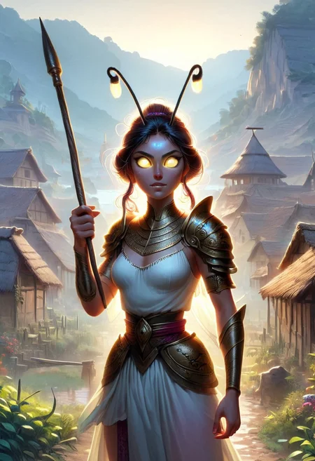 glimmerborn, 1woman, holding a spear, village background