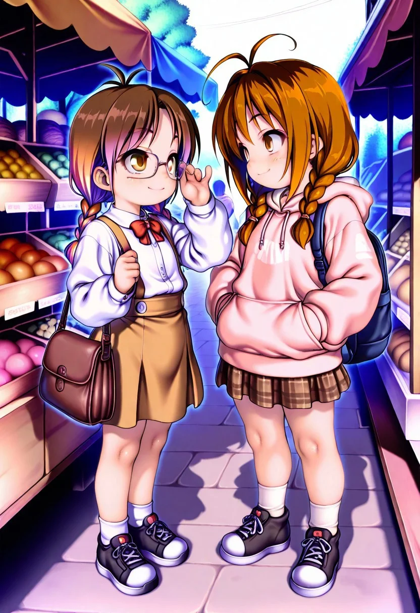 masterpiece,best quality,amazing quality,very aesthetic,
2girls,multiple girls,glasses,hood,brown hair,hoodie,braid,shoes,smile,short hair,bag,suspenders,skirt,plaid,full body,twin braids,brown eyes,suspender skirt,sneakers,long sleeves,ahoge,white shirt,adjusting eyewear,standing,socks,red bow,hood down,dress,multicolored hair,brown skirt,pink hoodie,holding,long hair,bow,antenna hair,black footwear,plaid skirt,bangs,shirt,eye contact,market,chabo (fuketsudan),