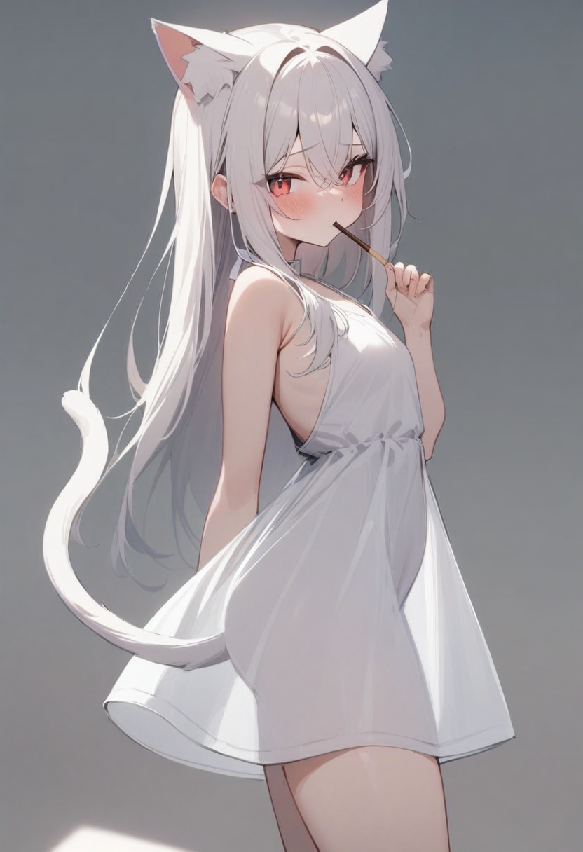 masterpiece,best quality,very aesthetic,absurdres,<lora:light_see:1>,see-through_silhouette,white_dress,1girl,solo,blush,very_long_hair,white_hair,small_breasts,highres,cat_ears,cat_tail,commentary,hair_between_eyes,looking_at_viewer,pocky,red_eyes,simple_background,white_background,