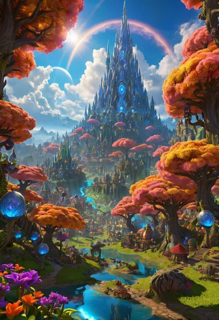 (masterpiece:1.5), unreal 8k wallpaper, unity 8k wallpaper, score 9, score 8 up, score 7 up, masterpiece_portrait, extreme quality, reflection, surface reflection, dynamic lighting, Cinematic style, cinematic quality, ((no humans, no people)), photorealistic, realistic, a spectrum of iridescent colors, precise, fractal design, flowing curves, precision, colorful, fractal geometry, harmonic interference, digital illustration, photo manipulation, altered realities, fantastical scenes, digital artistry, striking visuals, sharp focus, detailed background, light reflection, mythic, fantasy, A huge open valley in Warcraft, in the center of the valley is (massive Warcraft City), the (massive Warcraft City) has been here for a very long time, strange alien foliage has started to grow over it, when this (massive Warcraft City) was built no one knows it has long been forgotten, beautiful blue skies majestic clouds, strange alien trees dot the landscape, in the sky you can see a massive moons is all inspiring and a little frightening, the valley is also covered in beautiful multicolored flowers and multicolored trees, no life can be seen anywhere, 3D, metallic reflection, massive Warcraft City, the vast World of Warcraft,