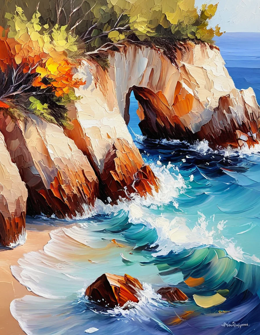 novuschroma25 style private cove featuring rocky formations, crystal clear water as an impasto painting <lora:novuschroma25 style_light:1>