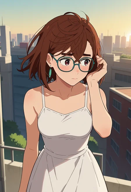 score_9, score_8_up, score_7_up, anime screencap, source_anime, 1girl, solo,
<lora:Momo_Ayase_Dandadan_V2:.85>, KJOmomo, brown hair, brown eyes, medium hair, thick eyebrows, earrings, hair between eyes,
white sundress, bare shoulders, expressionless, looking to the side, blush, embarrassed, glasses,
adjusting hair, wind,
rooftop, outdoors, cityscape,
(Beautiful, medium Breasts:1.2),