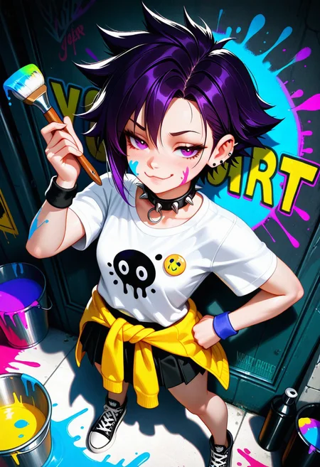 masterpiece, best quality, amazing quality, volumetric lighting, (by_neoartcore:0.1), BREAK, 1girl, 25 years old, 
dark purple hair, spiked hair, ear piercing, spiked collar, smug, 
paint splatter on face, 
white t-shirt, wristband,
yellow sweater around waist,
black skirt, pleated skirt, button badge,
converse, legs to
holding brush,
hand on own hip,
bucket, brush, paint splatter, brush stroke, inkblot, paint stains, graffiti, colorful, 
dutch angle, from above, foreshortening,