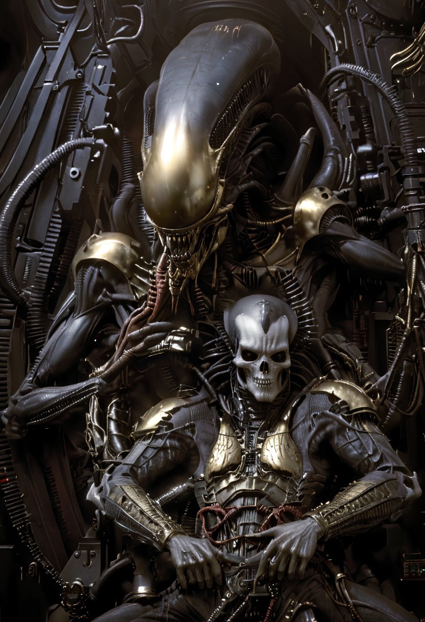 An insanely Detailed Divine Xenomorph, Golden and silver in color, cyberpunk, a crimson tinge to the golden color, Hyperdetailed, Omnipresent, Beautiful, Sinister overtones, otherworldly,by HR Giger
