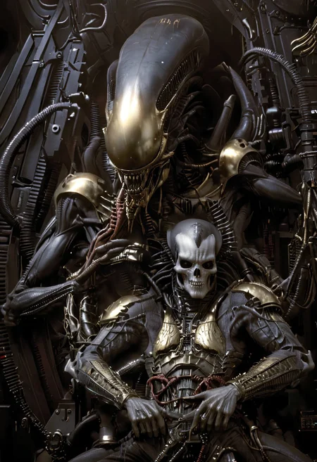 An insanely Detailed Divine Xenomorph, Golden and silver in color, cyberpunk, a crimson tinge to the golden color, Hyperdetailed, Omnipresent, Beautiful, Sinister overtones, otherworldly,by HR Giger