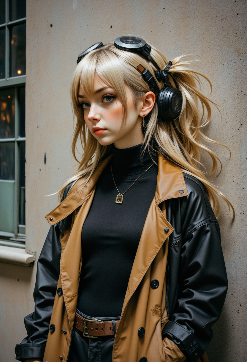 she is approximately 18 years old, she is smiling, profile headshots, dynamic angles,photoshoot poses, She has blonde hair, a photo of Gr@ce, a woman, wearing a black and tan jacket, with her hair in pigtails, outdoors, and headphones on her head, standing in front of a wall, in a painting style, with a sense of style. she is looking directly at the camera with a happy expression on her face.  The overall mood of the image is intense and dramatic,RAW candid cinema,16mm,color graded portra 400 film,remarkable color,ultra realistic,textured skin,remarkable detailed pupils,realistic dull skin noise,visible skin detail,skin fuzz,dry skin,shot with cinematic camera,detailed skin texture,(blush:0.2),(goosebumps:0.3),subsurface scattering,beautiful photograph in the style of Augustus John,Sergio Toppi,Virginia Frances Sterrett,8k HD,detailed skin texture,ultra realistic,textured skin,analog raw photo,cinematic grain,whimsical.perfection style,aidmareduxstyle, aidmafluxpro1.1, Niji style