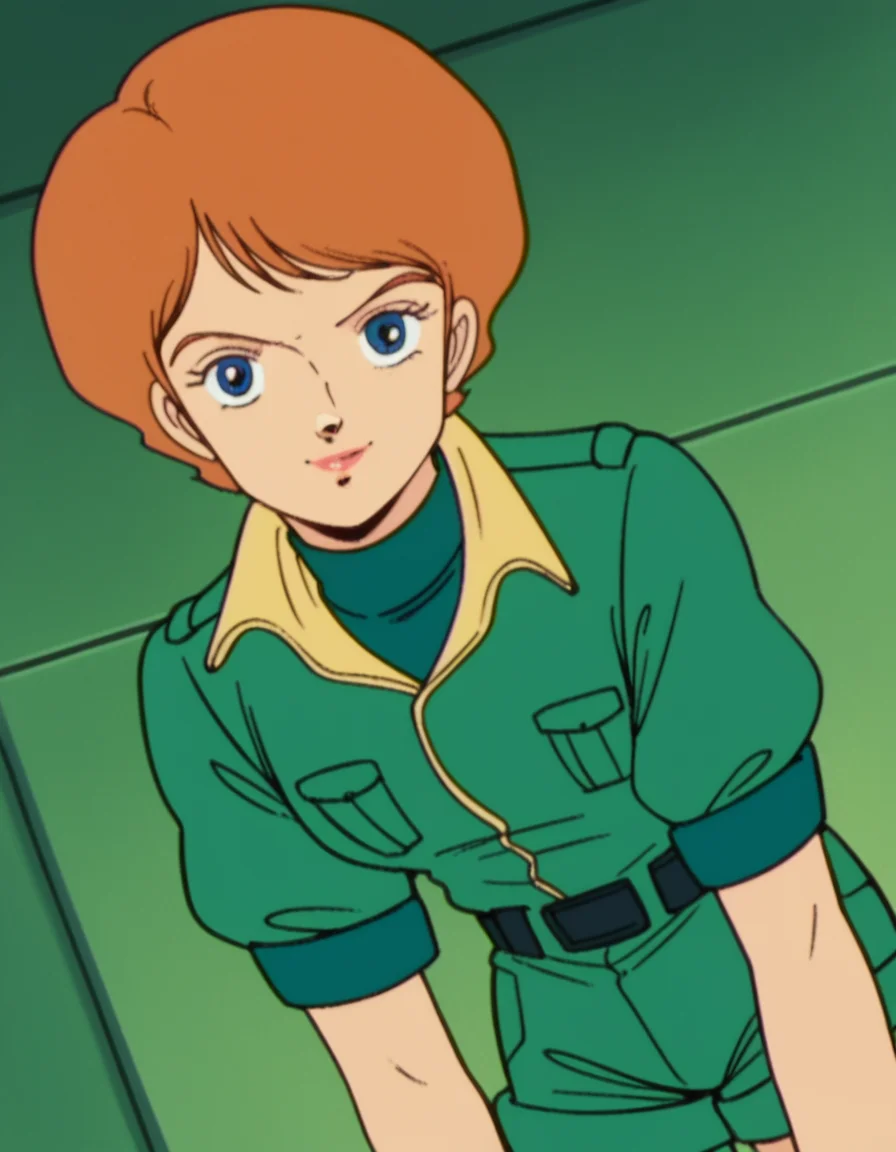 score_9, score_8_up, score_7_up, source_anime,
reccoalonde, <lora:reccoa-londe-anime-ponyxl-lora-nochekaiser:1>,
reccoa londe, short hair, orange hair, retro artstyle, 1980s \(style\), blue eyes,
shorts, uniform, military, green uniform, green shorts,
indoors, bent over, smile,
looking at viewer, cowboy shot, solo, dutch angle,