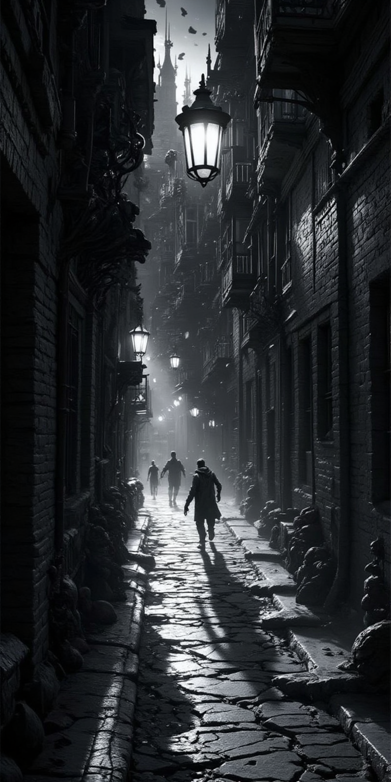 In the eerie streets of a horror chic lunar colony, a shadowy figure looms ominously beneath the flickering lamppost, casting long, twisted shadows on the cracked lunar surface. This haunting scene is captured in a mesmerizing street photography photograph that captures the essence of otherworldly terror. The image is a captivating mix of gothic elements and futuristic aesthetics, with a monochrome palette highlighting the stark contrasts between light and dark. The level of detail in the image is truly exceptional, from the intricate cobblestone streets to the ethereal mist floating eerily in the air. The overall atmosphere evokes a sense of dread and unease, making it a truly spine-chilling work of art., this image is a masterpiece of digital painting art, perfect for a themed phone wallpaper.