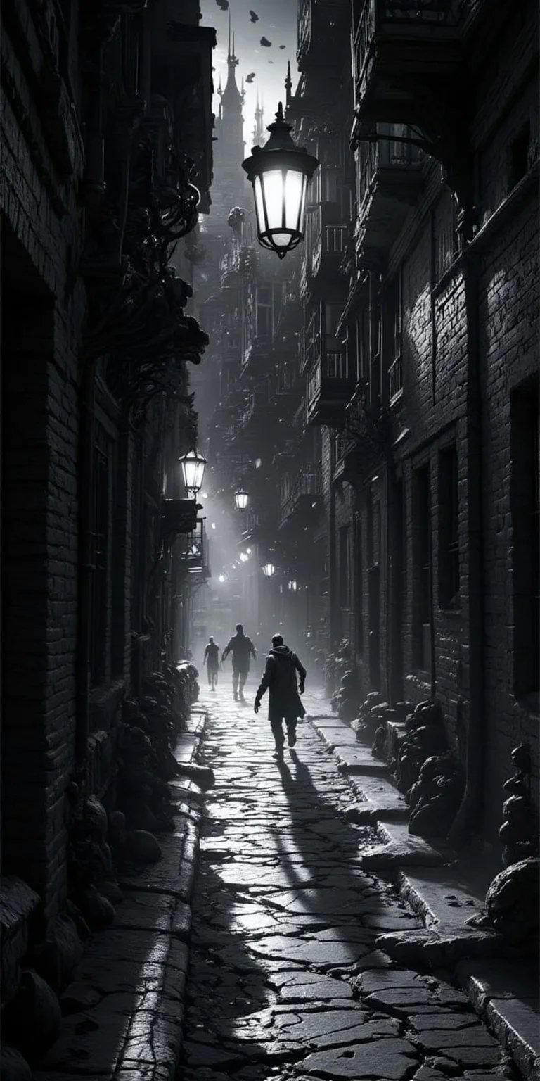 In the eerie streets of a horror chic lunar colony, a shadowy figure looms ominously beneath the flickering lamppost, casting long, twisted shadows on the cracked lunar surface. This haunting scene is captured in a mesmerizing street photography photograph that captures the essence of otherworldly terror. The image is a captivating mix of gothic elements and futuristic aesthetics, with a monochrome palette highlighting the stark contrasts between light and dark. The level of detail in the image is truly exceptional, from the intricate cobblestone streets to the ethereal mist floating eerily in the air. The overall atmosphere evokes a sense of dread and unease, making it a truly spine-chilling work of art., this image is a masterpiece of digital painting art, perfect for a themed phone wallpaper.