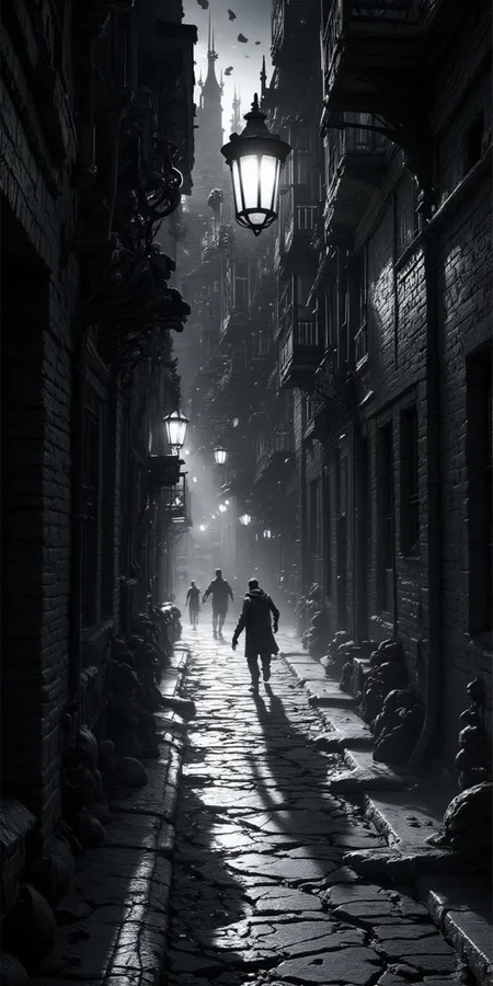 In the eerie streets of a horror chic lunar colony, a shadowy figure looms ominously beneath the flickering lamppost, casting long, twisted shadows on the cracked lunar surface. This haunting scene is captured in a mesmerizing street photography photograph that captures the essence of otherworldly terror. The image is a captivating mix of gothic elements and futuristic aesthetics, with a monochrome palette highlighting the stark contrasts between light and dark. The level of detail in the image is truly exceptional, from the intricate cobblestone streets to the ethereal mist floating eerily in the air. The overall atmosphere evokes a sense of dread and unease, making it a truly spine-chilling work of art., this image is a masterpiece of digital painting art, perfect for a themed phone wallpaper.