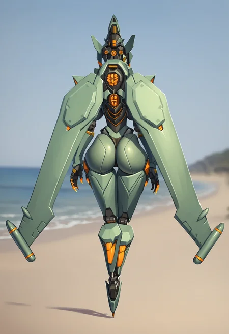 score_9, score_8_up, score_7_up, score_6_up, score_5_up, score_4_up, 1girl, <lora:EchoStealth:0.85> solo, colored skin, green skin, huge breasts, robot, mecha, no humans, wings, mechanical wings, humanoid robot, from behind, large ass, thong,
(beach background), sand, ocean,