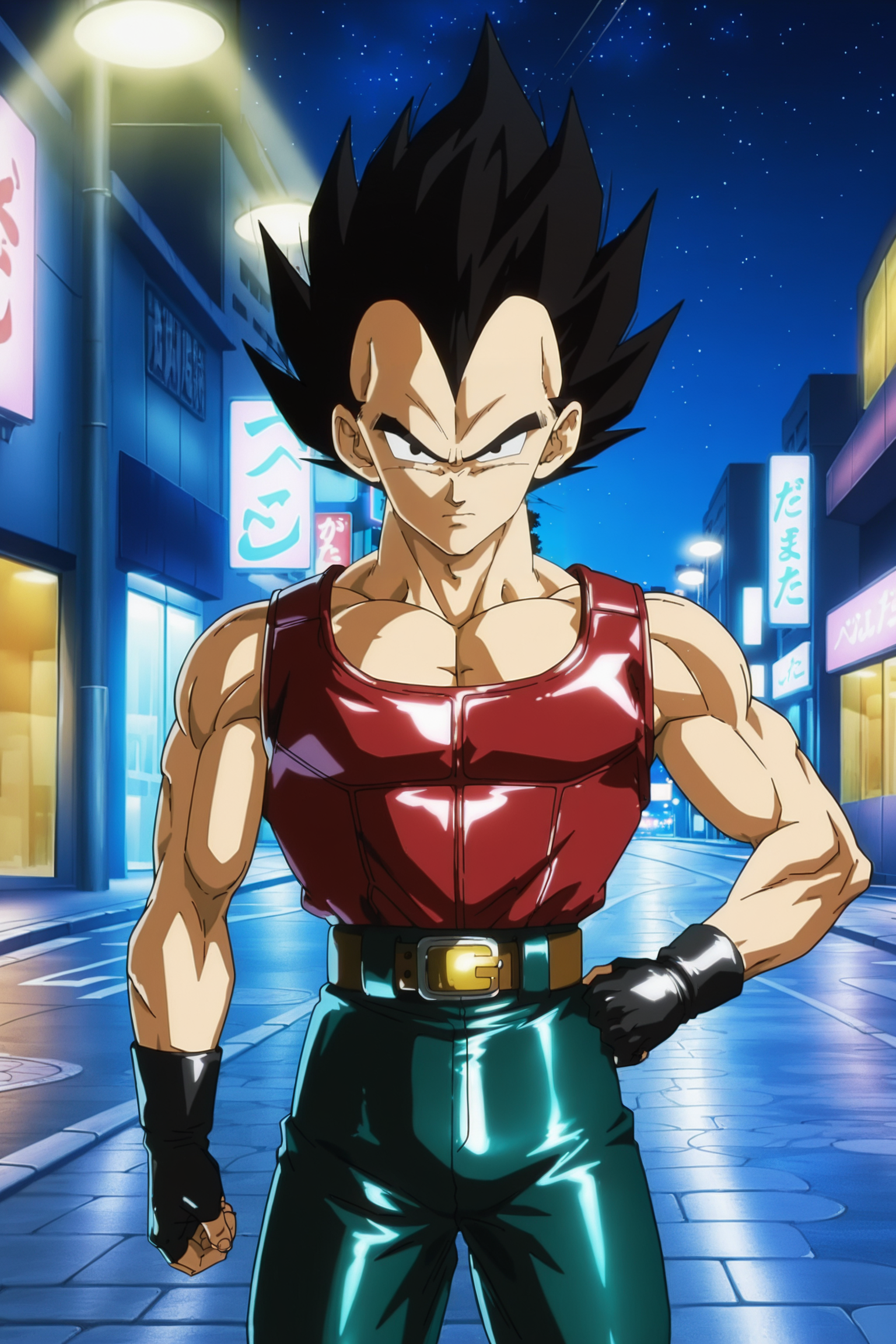 anime screencap, masterpiece, best quality, amazing quality, very aesthetic, absurdres,  newest, (scenery, volumetric lighting), dappled moonlight, 
1boy, solo, 
vegeta, black hair, black eyes, spiked hair,
gt outfit, red vest, fingerless gloves, belt, leather pants, teal bottomwear, bare arms, pectorals, 
outdoors, cowboy shot, looking at viewer, hand on own hip, street, night, star \(sky\), road, pavement, 
<lora:Vegeta_IL_V2:0.8>