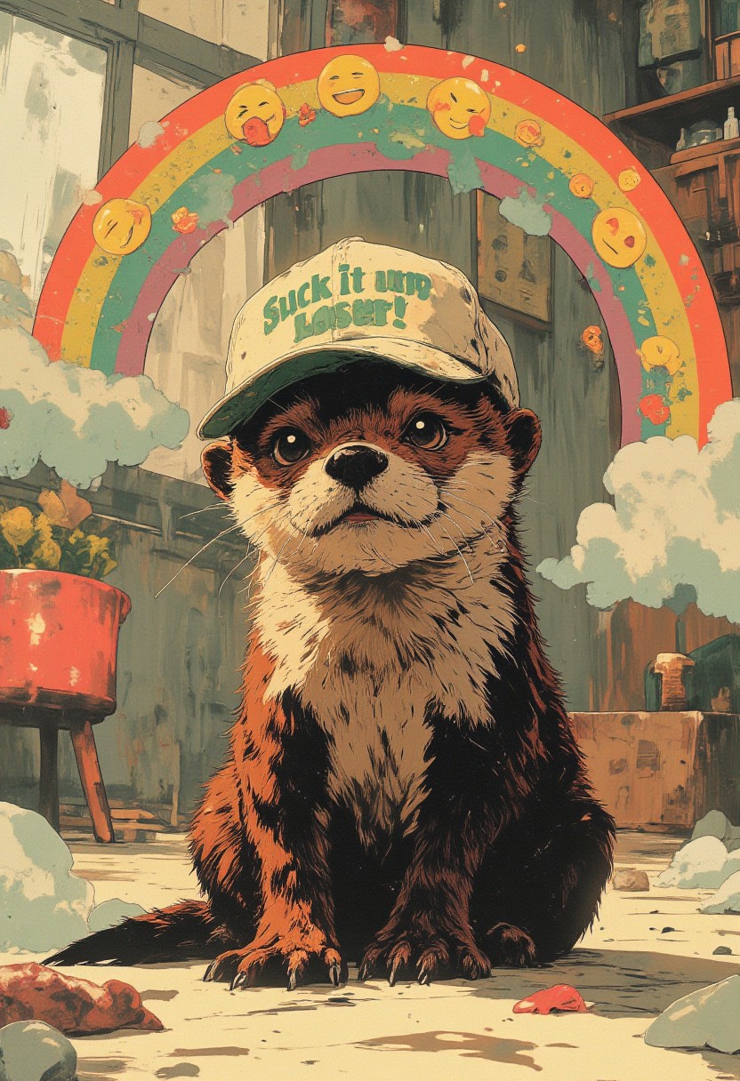 The image features a young otter sitting on a light-colored surface, possibly a wooden floor, in a softly lit indoor setting. The otter is wearing a slightly oversized white baseball cap with bold green text reading **"Suck it up, Loser!"** The cap rests loosely on its head, allowing its small, rounded ears to peek out from beneath the brim. Its fur is a rich blend of brown and white, sleek and well-groomed, with a dark, prominent nose and delicate whiskers framing its face.  
Surrounding the otter is a **romantic rainbow arc of emojis**, enhancing the scene with a dreamy, affectionate atmosphere. The arc begins with **💌💘💝** on one side, transitioning into **💖💗💕**, followed by **🌹💞💑**, moving into **💋🥀💍**, and ending with **❤️‍🔥👩‍❤️‍💋‍👨🎀** on the opposite side. The array of love-themed emojis adds a whimsical, heartfelt contrast to the otter’s playful presence.  
The otter sits with its front paws tucked close to its chest, its wide, glossy eyes directed forward, conveying a curious and somewhat inquisitive expression. The background, though slightly blurred, suggests a cozy indoor space bathed in soft, natural light, likely filtering in from a nearby window. The contrast between the otter’s innocent demeanor, the bold statement on its cap, and the surrounding romantic emoji rainbow makes for a humorous and endearing composition.