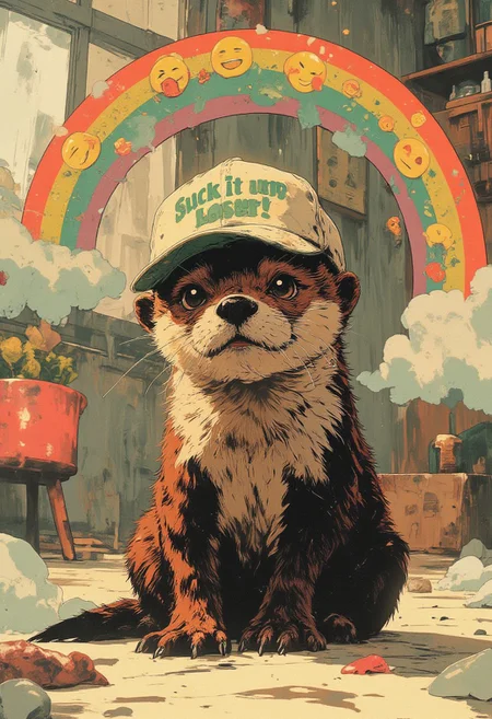 The image features a young otter sitting on a light-colored surface, possibly a wooden floor, in a softly lit indoor setting. The otter is wearing a slightly oversized white baseball cap with bold green text reading **"Suck it up, Loser!"** The cap rests loosely on its head, allowing its small, rounded ears to peek out from beneath the brim. Its fur is a rich blend of brown and white, sleek and well-groomed, with a dark, prominent nose and delicate whiskers framing its face.  
Surrounding the otter is a **romantic rainbow arc of emojis**, enhancing the scene with a dreamy, affectionate atmosphere. The arc begins with **💌💘💝** on one side, transitioning into **💖💗💕**, followed by **🌹💞💑**, moving into **💋🥀💍**, and ending with **❤️‍🔥👩‍❤️‍💋‍👨🎀** on the opposite side. The array of love-themed emojis adds a whimsical, heartfelt contrast to the otter’s playful presence.  
The otter sits with its front paws tucked close to its chest, its wide, glossy eyes directed forward, conveying a curious and somewhat inquisitive expression. The background, though slightly blurred, suggests a cozy indoor space bathed in soft, natural light, likely filtering in from a nearby window. The contrast between the otter’s innocent demeanor, the bold statement on its cap, and the surrounding romantic emoji rainbow makes for a humorous and endearing composition.