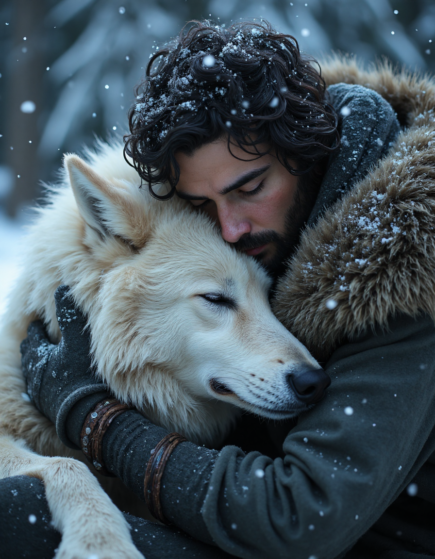 highly detailed cinematic scene, A tender scene of a man embracing a large white wolf in a snowy landscape. The man, with tousled dark hair, a short beard, and a fur cloak hood partially obscuring his face, exudes affection as he holds the peaceful wolf. both of their eyes are closed. The wolf's eyes are closed, its soft, fluffy fur intricately detailed. Snowflakes gently fall in the blurred, wintry background. The manâs dark, rugged cloak contrasts with the bright white of the wolf and snow, while his gloved hands complete the sense of warmth and companionship in the cold, serene atmosphere. Cool tones of white, blue, and grey dominate, <lora:aidmaMJ6.1:0.7>, <lora:fluxenhancer:0.4>
