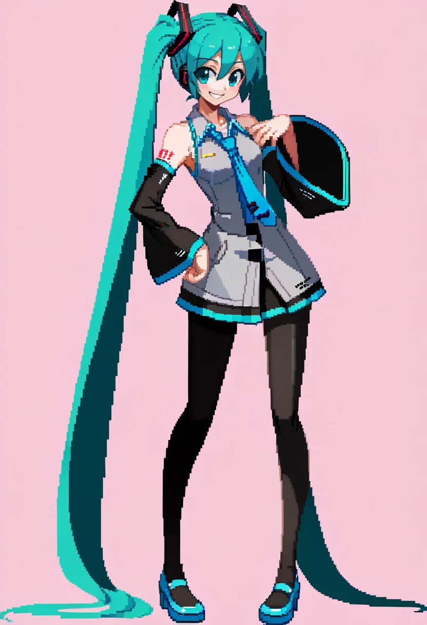 score_9, score_8_up, score_7_up, source_anime, BREAK, solo, 1girl, smile, looking at viewer, <lora:Under-Night-In-Birth-Sprites-pdxl_Fp:1>, simple background, full body, hatsune miku, detached sleeves, standing, hand on own hip, blue necktie,