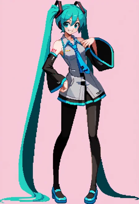 score_9, score_8_up, score_7_up, source_anime, BREAK, solo, 1girl, smile, looking at viewer, <lora:Under-Night-In-Birth-Sprites-pdxl_Fp:1>, simple background, full body, hatsune miku, detached sleeves, standing, hand on own hip, blue necktie,