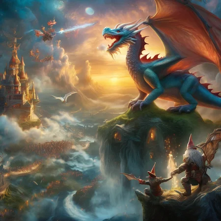 Fujifilm quality photograph (best quality)++, (masterpiece)++, (detailed)+, elf on the shelf fighting a Dragon, (fantasy illustration)1.3, enchanting Dragon battle elf on the shelf, mystical battle, (many gnomes battling)1.4 (whimsical charm).4 Otherworldly charm, mystical sky, (Luis Royo)1.2, (Yoshitaka Amano)1.1, moonlit night, soft colors, (detailed cloudscape)1.3, (high-resolution)1.2 (gnomes  battling everywhere)1.2 , <lora:DonM3t3rn1tyXL-v1.1:0.3> DonM3t3rn1tyXL <lora:DonMD1g174l4sc3nc10nXL:0.3> DonMD1g174l4sc3nc10nXL  <lora:Dragons:0.8> dragon  <lora:EnvyMagicalXL01:0.3> magical <lora:FantasyLandscape:0.8> FanLan