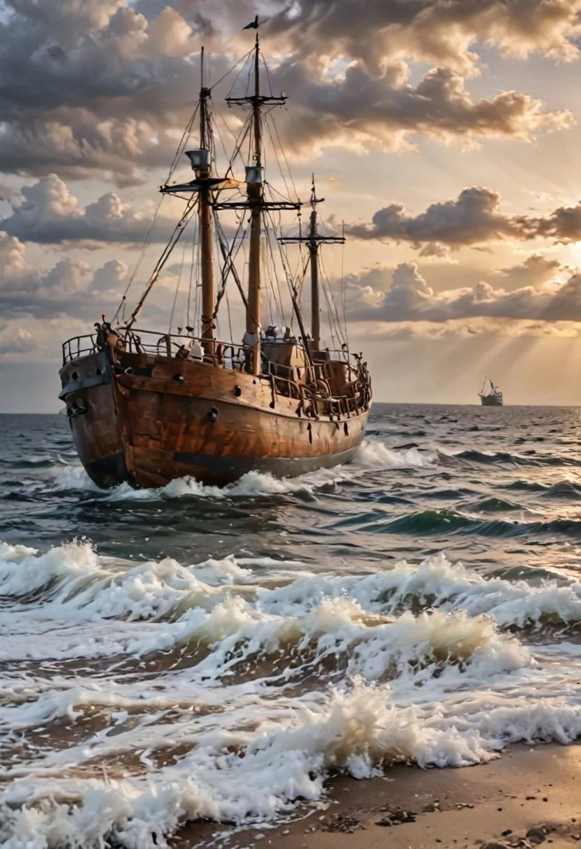 Generate an image depicting a dramatic storm at sea.
high resolution, size 16/9, ultra HD quality, HDR
Dramatic: The image should be visually stunning and convey the power and fury of the storm.
Suspense: The image should create a sense of tension and danger, showing the ship's crew struggling to stay afloat.
Detail: The image should be detailed enough to see the waves, the ship, the crew, and other elements of the storm.
Realism: The image should be realistic and reflect the true appearance of the storm at sea. Fear in the eyes of the captain
Colors: The image can use dark and dramatic colors to emphasize the tension of the situation.
Lighting: The image can use flashes and other lighting effects to add drama.
emphasis on the ship's crew after exactly the captain
Image of ((ship's crew struggling to save the ship from the storm))
styles, for example:
Realistic, funny