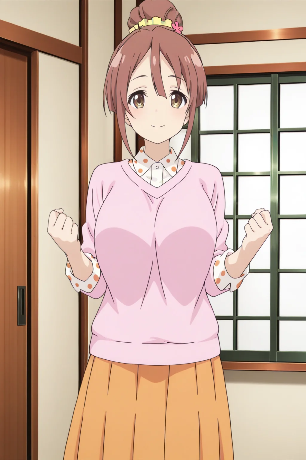 anime screenshot, 1girl, solo, shinomiya shiori, brown hair, single hair bun, yellow scrunchie, hair scrunchie, hair flower, brown eyes, large breasts, pink sweater, white shirt, collared shirt, polka dot shirt, long sleeves, orange skirt, pleated skirt, long skirt, looking at viewer, smile, hands up, clenched hands, cowboy shot, indoors, masterpiece, best quality, high quality, highres, absurdres, <lora:shinomiya_shiori_ILXL:0.9>