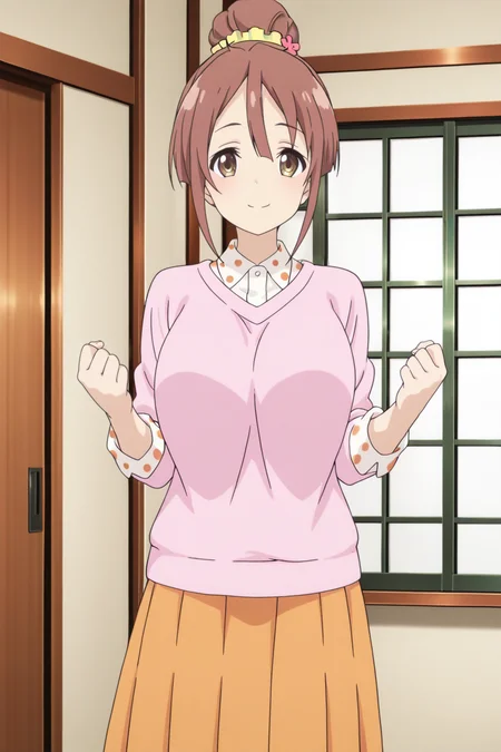anime screenshot, 1girl, solo, shinomiya shiori, brown hair, single hair bun, yellow scrunchie, hair scrunchie, hair flower, brown eyes, large breasts, pink sweater, white shirt, collared shirt, polka dot shirt, long sleeves, orange skirt, pleated skirt, long skirt, looking at viewer, smile, hands up, clenched hands, cowboy shot, indoors, masterpiece, best quality, high quality, highres, absurdres, <lora:shinomiya_shiori_ILXL:0.9>