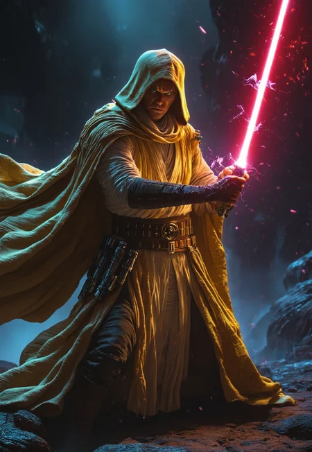 an intense and battle hardened Jedi in a extremely dark environment, barely illuminated only by his yellow lightsaber,, Grunge, Hyperrealism, Overhead Lighting, RGB Lighting, Sony A7R IV, Ultra Wide Angle Lens, Dark Colors, Gold, Liquid Crystal, Optical Fiber, Fantasy, Quasar Quilt Backdrop, Prism Effect, 8k, By Roy Lichtenstein, midjourneyv6.1, LegendDarkFantasy