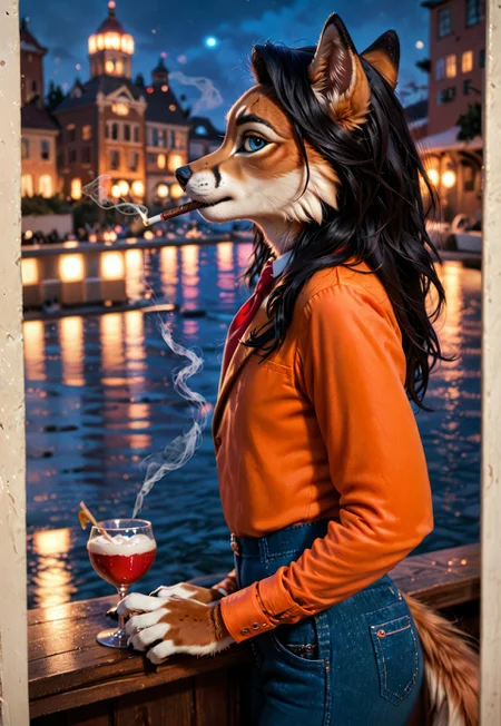 score_9, score_8_up, score_7_up, score_6_up, photorealistic, epiCPhotoGasm-colorfulPhoto, Realistic, highres, super high resolution, 8k, photo, furry, Furry, anthro, fur, wolf, female, long black hair, realistic, detailed, tail, detailed fur,score_10_up, score_9, score_8_up, score_7_up, score_6_up, photorealistic, epiCPhotoGasm-colorfulPhoto, Realistic, 'name of painting' by bilibin ivan in 1905, art nouveau \(modern\) \(style\), highres, super high resolution, 8k, photo, anthro, furry, furry, anthro, fur, male, fox, thin body, tuxedo, black hair, hairs, long hair, trousers, smoking, thin body, red tie, orange fur with black, realistic fur, detailed fur, top of skyscraper, night sity, night, looking at viewer, hair, photo, better resolution, best quality, realistic