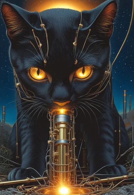 masterpiece, best quality, very aesthetic, absurdres, HyperDetailed Illustration, qu4ntum, epic background, nightsky landscapes with vibrant (brass pipes) and (silver wires) and gold circuits, a cat covered in gold circuits, glowing eyes, vivid eye color, (beautiful eyes:1.2), (gradient iris, crisp iris edges), confident pose, cat  pose, eating a chunk of silver wires,