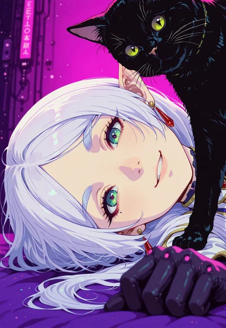 <lora:ck-shadow-circuit-IL:0.78>, Frieren, smiling, holding black cat, enchanted forest
masterpiece, best quality, good quality, very aesthetic, absurdres, newest, 8K, depth of field, focused subject,
 close up, stylized, wabi sabi, 1girl,  looking at viewer, dynamic angle, from below, from side, relaxing
<lora:MoriiMee_Gothic_Niji_Style_Illustrious_r1:0.45>
<lora:ck-nc-cyberpunk-IL-000011:0.4>
<lora:ck-neon-retrowave-IL:0.8> , in the style of cksc, in the style of cknc, artist:moriimee, in the style of ck-rw