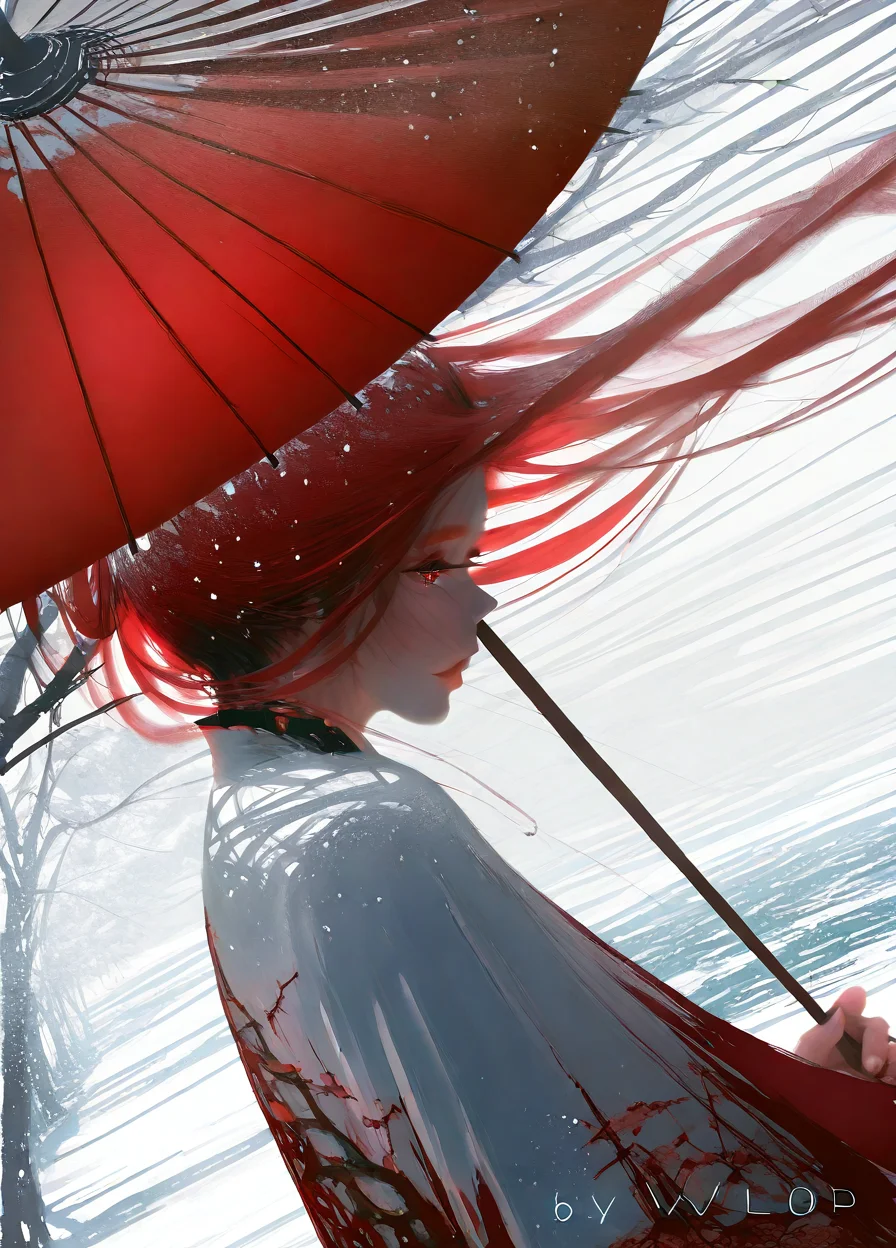 <lora:wlop_illustration:1> wlop_illustration, snow particles, 1girl, blizzard, outdoors, paper umbrella, tree branches, dynamic angle, from side, close-up, snow falling, long hair, masterpiece, best quality, good quality, very aesthetic, absurdres, newest, (Perfect details), <lora:USNR STYLE_XL_loha:0.3> <lora:spo_sdxl_10ep_4k-data_lora_webui:0.3> <lora:ponyv5_noobV065S_1_adamW:0.3> <lora:GBF_Illustrious:0.3> <lora:748cmSDXL:0.4>, 1girl, multi colored eyes, Burgundy hair