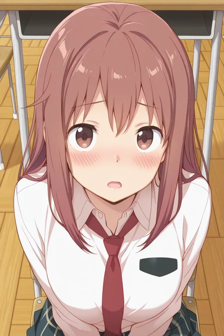 masterpiece, best quality, amazing quality,
<lora:Haruka_IL:1> haruka, 1girl, solo, necktie, long hair, school uniform, open mouth, sitting, blush, brown hair, shirt, looking at viewer, red necktie, brown eyes, chair, desk, wooden floor