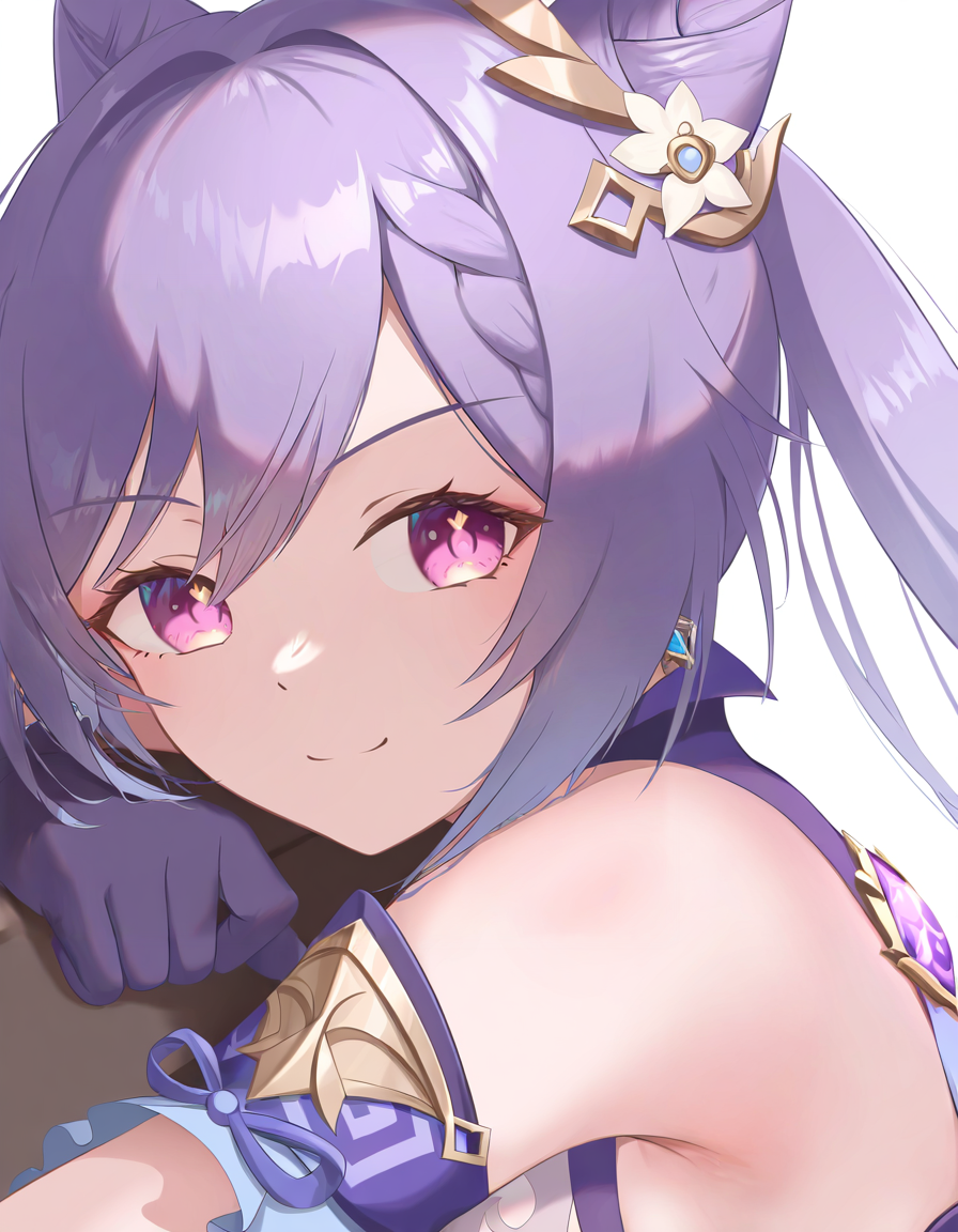 <lora:ichien-000026:1>,1girl,solo,looking at viewer,simple background,white background,smile,ichien,keqing \(genshin impact\),, masterpiece, best quality, very aesthetic, absurdres,newest, incredibly absurdres,
