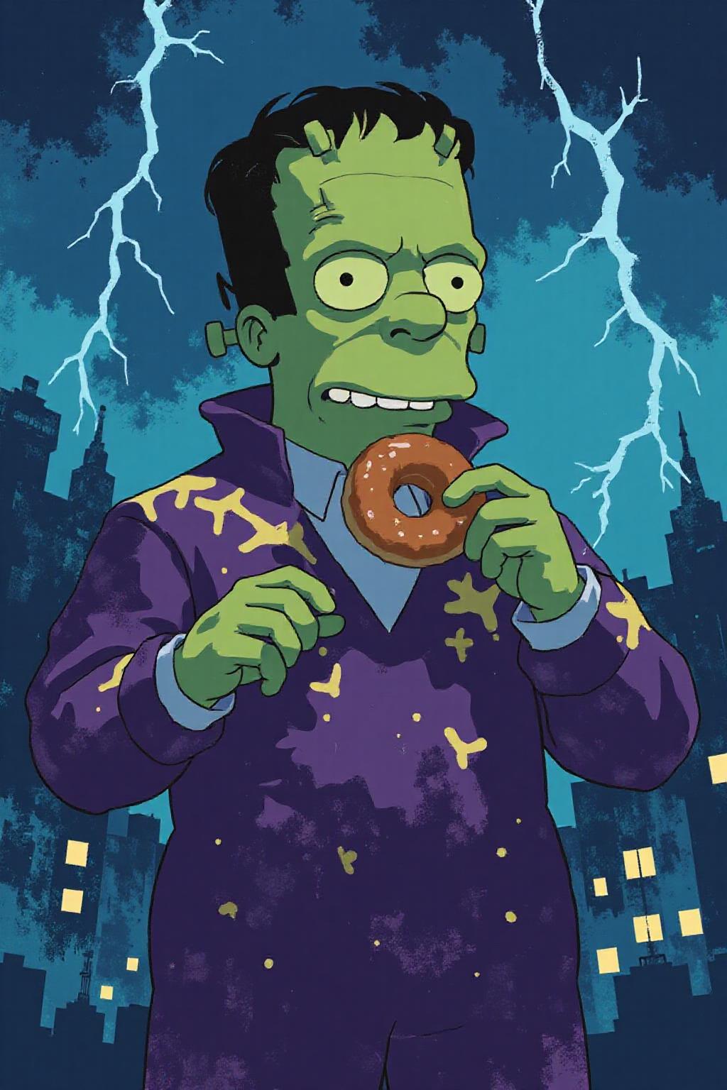 i11ustmin Illustration of Homer Simpson dressed as Frankenstein, eating a doughnut during a thunderstorm  <lora:minimalist_flat_nocap_nbm:1.0> <lora:Flux-Sch-SingleBlocks-BF16:1.0><lora:797952224631221556:0>