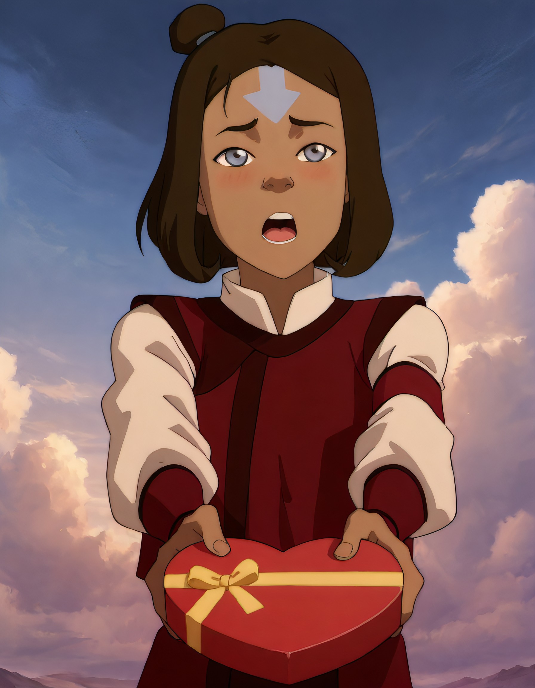 explicit, recent, highres, masterpiece, masterpiece,best quality,amazing quality, 1girl, anime screencap, heart-shaped box, holding, box, gift, valentine, incoming gift, closed eyes, blush, open mouth, outstretched arms, outdoors, night sky, clouds, shouting, Korra Avatar, The Legend of Korra, Dark brown hair, Blue eyes, Tanned skin, Athletic build, Water Tribe attire, Armbands, Ponytail, Thick eyebrows, Muscular physique, , blue-arrow tattoo, forehead mark