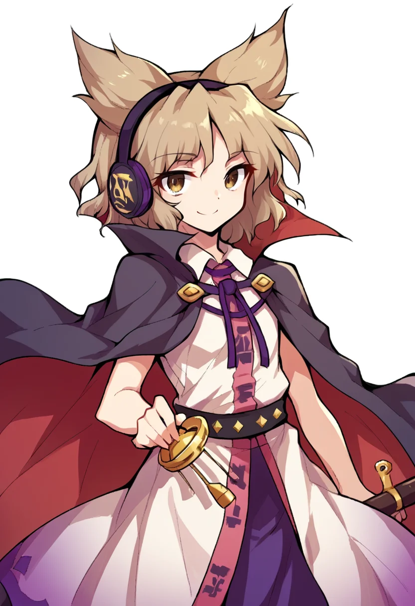 score_9, score_8_up, score_7_up, source_anime, BREAK, 1girl, solo, <lora:Alphes_Style:1> Alphes_Style, <lora:miko_pony_v2:0.8> toyosatomimi no miko, light brown hair, pointy hair, earmuffs, brown eyes, purple skirt, cape, white dress, looking at viewer, smiling, closed mouth, holding rod, rod, simple background, white background