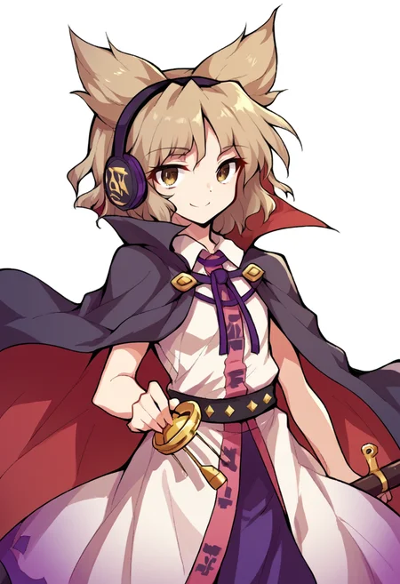 score_9, score_8_up, score_7_up, source_anime, BREAK, 1girl, solo, <lora:Alphes_Style:1> Alphes_Style, <lora:miko_pony_v2:0.8> toyosatomimi no miko, light brown hair, pointy hair, earmuffs, brown eyes, purple skirt, cape, white dress, looking at viewer, smiling, closed mouth, holding rod, rod, simple background, white background