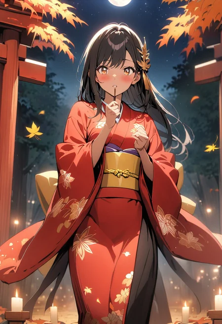 gorgeous lips, cinematic, (masterpiece), (best quality), (ultra-detailed), very aesthetic, illustration, perfect composition, intricate details, absurdres, detailed face, (anime, masterpiece, intricate:1.3), (best quality, hires textures, high detail:1.2), perfect hands, brown eyes,
1girl, very long black hair, straight hair, side swept bangs, medium breasts, perfect eyes, 8k, highest quality, ultra details,1girl, solo, perfect brown eyes
,(japanese clothes, pastel red kimono, fancy print, kimono, yellow sash, wide sleeves, obi) white socks, sandals, gold leaf hair clip, standing, in front of a wooden shrine, dancing, shrine maiden, holding a paper fan, holding incense, sparkling eyes,
candles, incense, in a maple tree forest, night time, starry sky, full moon, autumn season, falling red leaves, falling yellow leaves,  red leaves cover the ground,
cinematic lighting, blush, calm, perfect eyes, , photoshoot, cowboy shot, dolly shot, from front, dynamic shot
