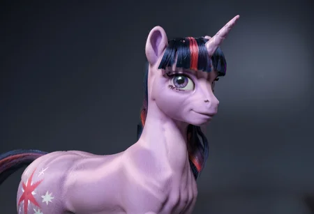 score_9, score_8_up, score_7_up, score_6_up, score_5_up, score_4_up, Realistic, solo, slender, slim, twilight sparkle, no humans, horn, unicorn, horse, pony, female, mare, unicorn, calm, unkempt mane, rear view, looking back, looking over shoulder, smirk, (fur:0.9), big eyes, realistic, photo, detailed, beautiful, small eyes, realistic eyes, c1op1c1an, face focus